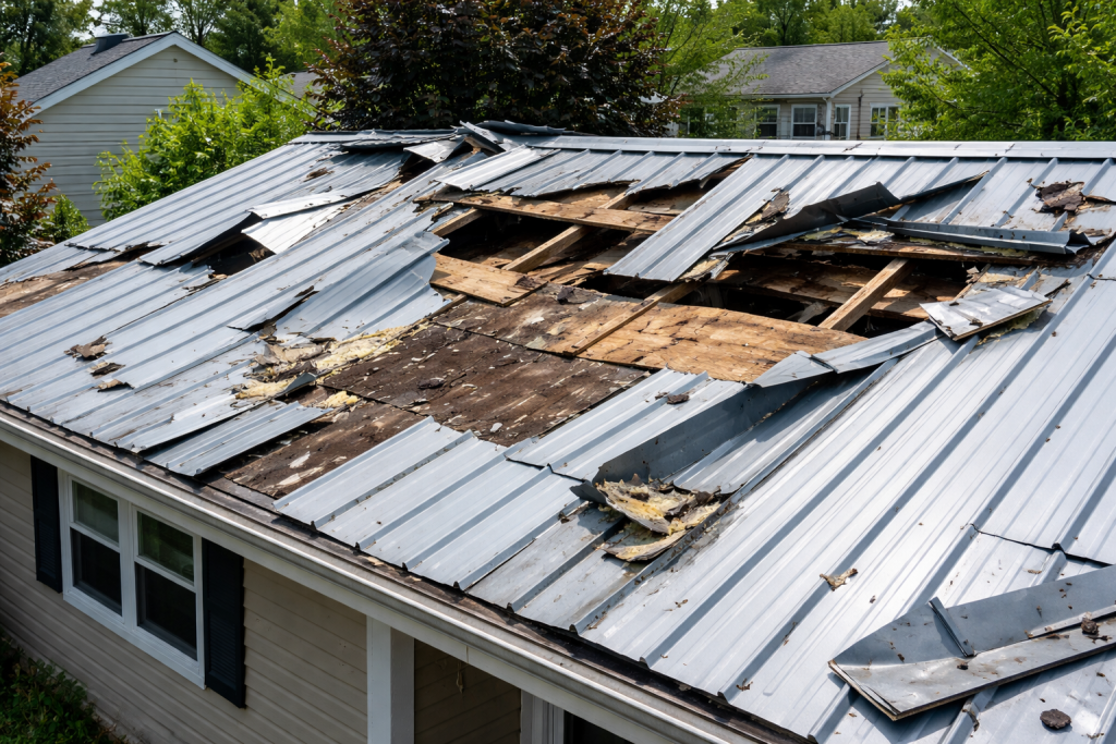 A metal roof that needs to be replaced, leading to the homeowners asking "How much is a roof replacement?"