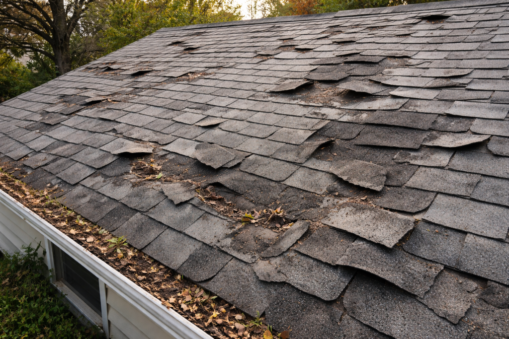 A residential roof showing signs in needs to be replaced in reference to the question "when to replace roof materials"