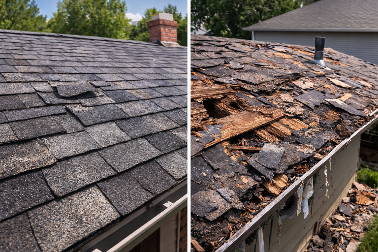A side-by-side of a roof repair vs replacement